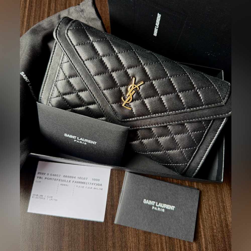 YSL Saint Laurent Gaby Long Quilted Leather Wallet in Black Free shipping